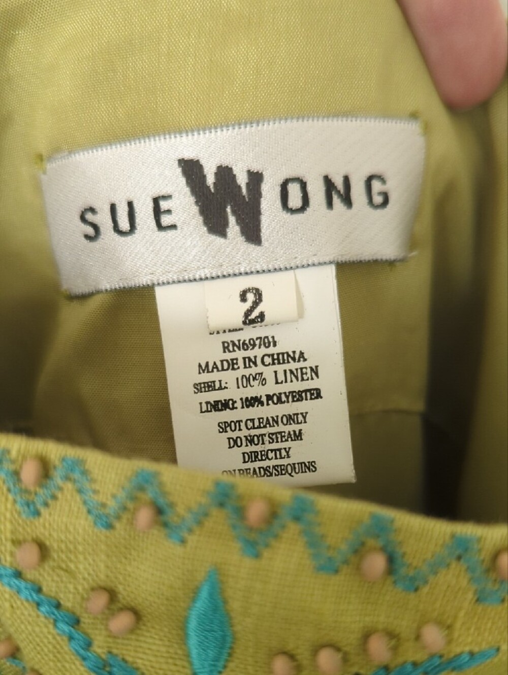 Y2K Sue Wong Linen Spaghetti Strap Dress with Floral Embroidery & Wood Beads - Picture 3 of 17